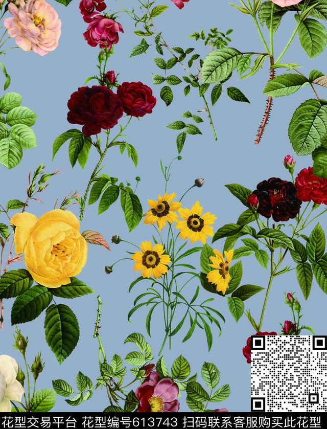 雏菊玫瑰花卉数码印花华亿平台下载（图片编号: 613743） - 瓦栏（Walan）