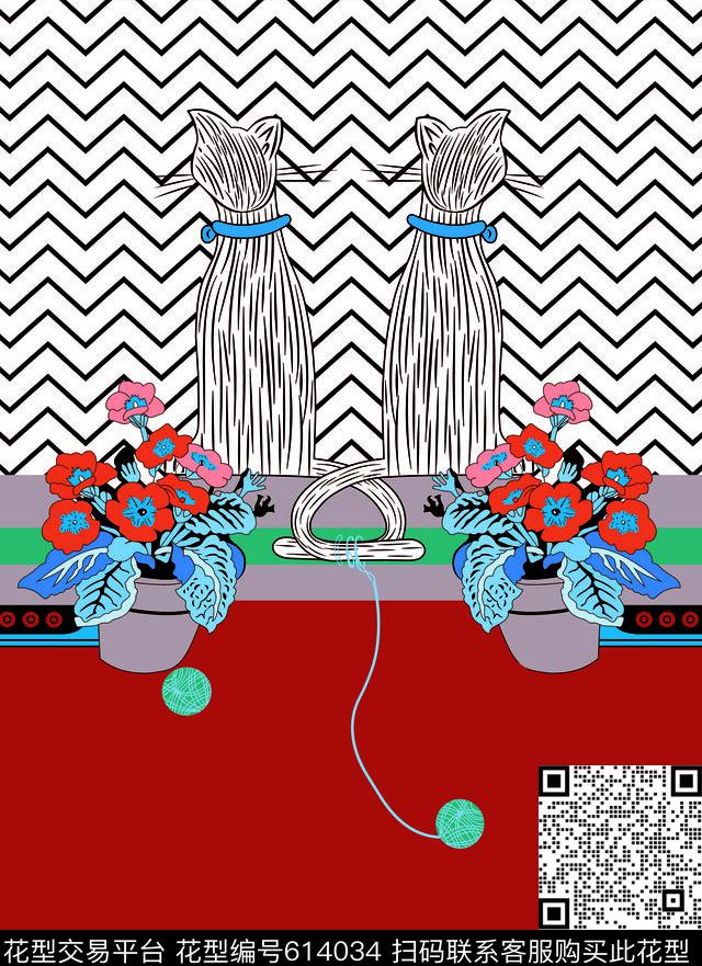 波浪条纹定位猫数码印花华亿平台下载（图片编号: 614034） - 瓦栏（Walan）