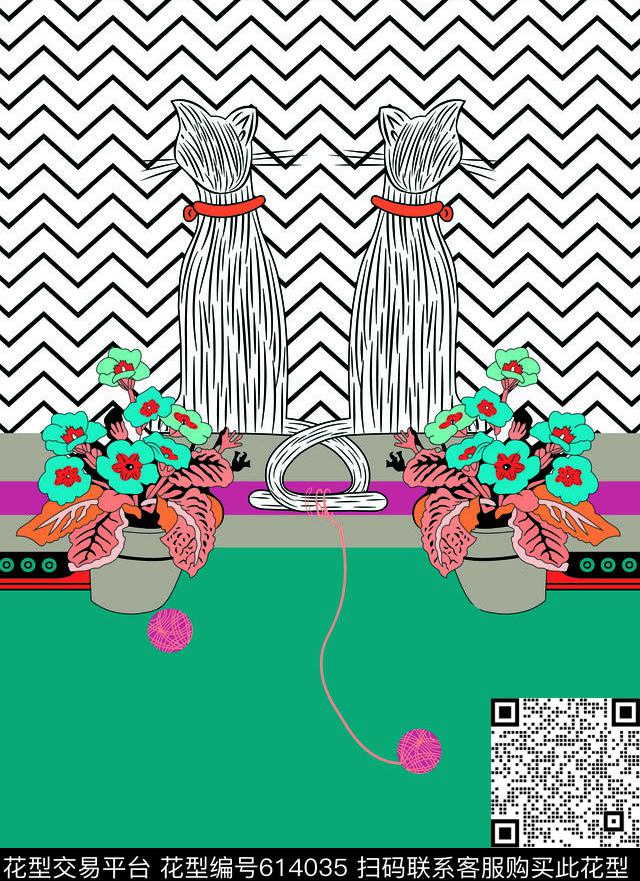 波浪条纹定位猫数码印花华亿平台下载（图片编号: 614035） - 瓦栏（Walan）