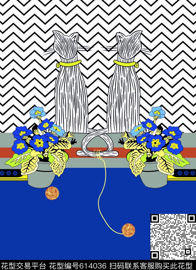 波浪条纹定位猫数码印花华亿平台下载（图片编号: 614036） - 瓦栏（Walan）