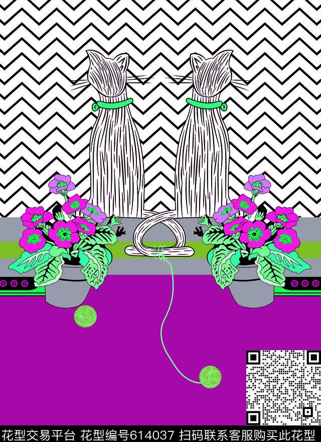 波浪条纹定位猫数码印花华亿平台下载（图片编号: 614037） - 瓦栏（Walan）