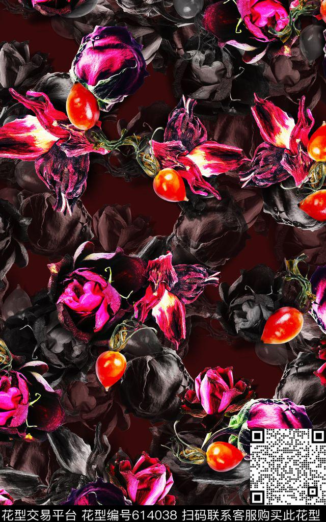 玫瑰花朵果子数码印花华亿平台下载（图片编号: 614038） - 瓦栏（Walan）