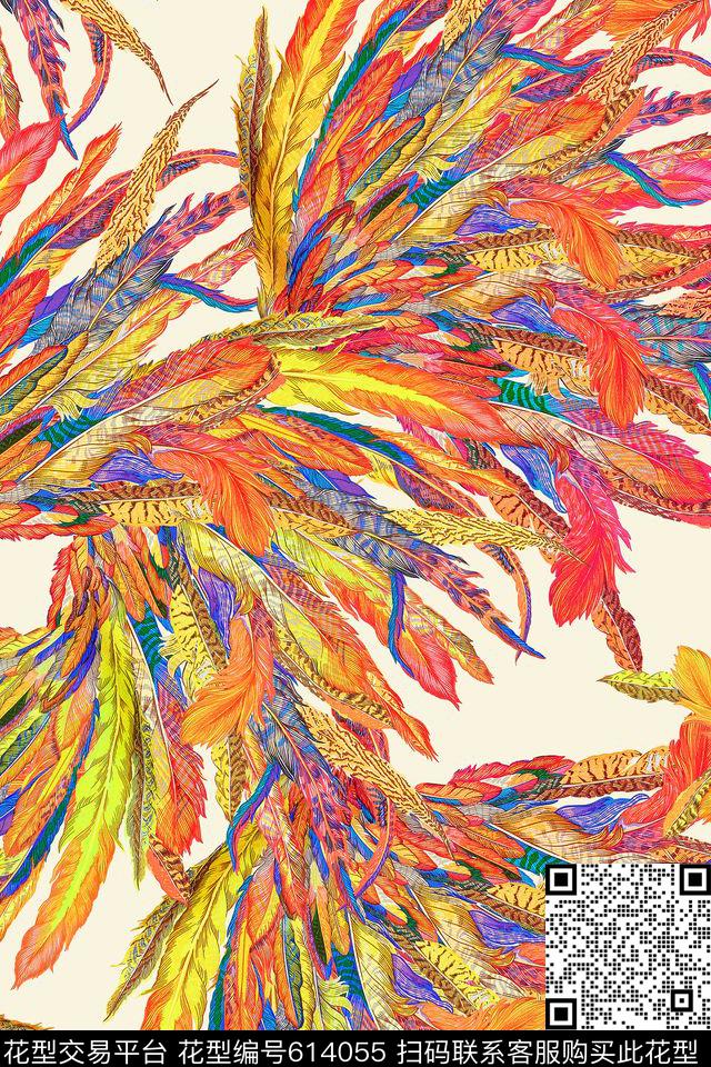 羽毛扇子孔雀数码印花华亿平台下载（图片编号: 614055） - 瓦栏（Walan）