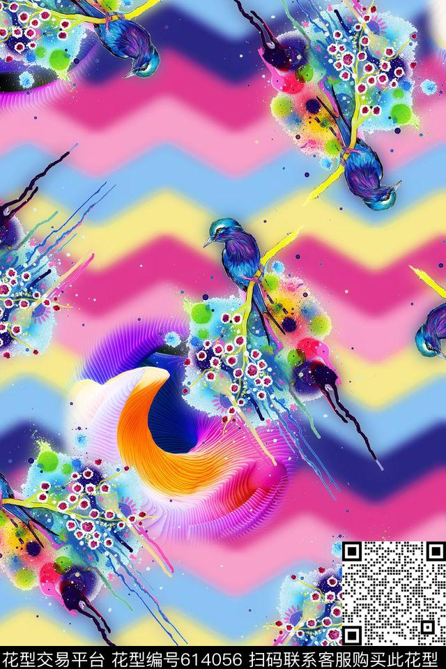 时尚手绘水彩画彩色鸟印花时尚抽象条纹印花时尚女装裙子印花数码印花华亿平台下载（图片编号: 614056） - 瓦栏（Walan）