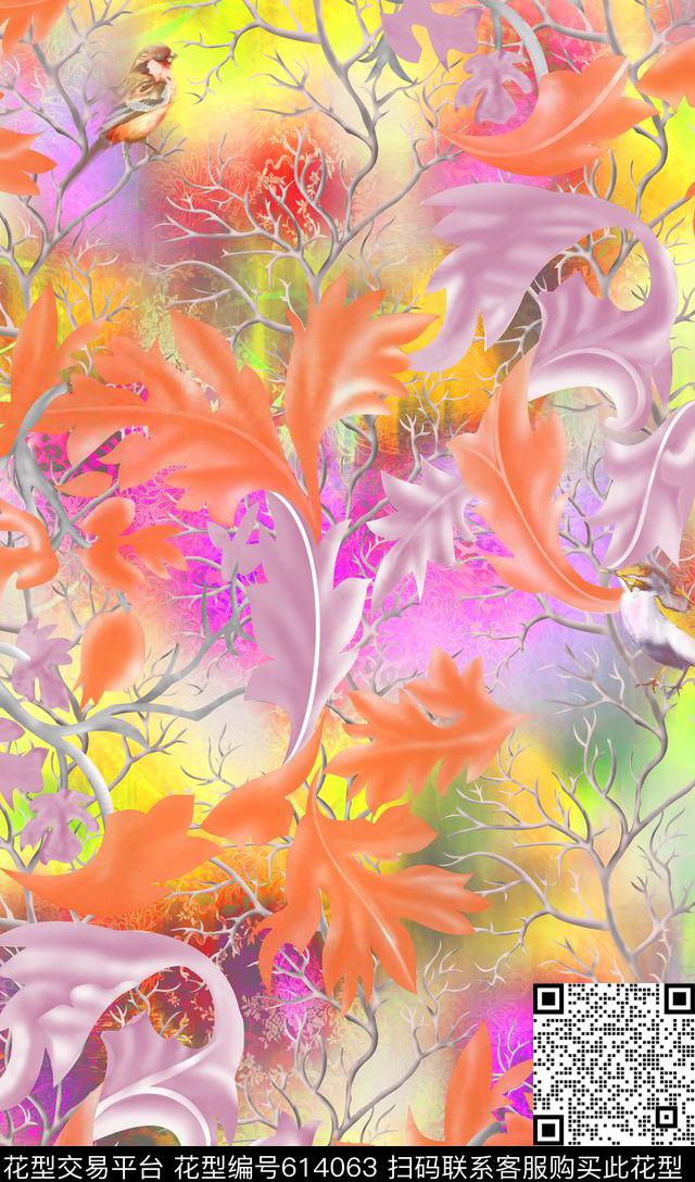 热带卷草纹手绘数码印花华亿平台下载（图片编号: 614063） - 瓦栏（Walan）