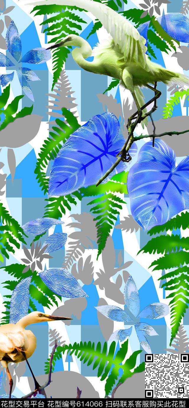 仙鹤花朵树叶数码印花华亿平台下载（图片编号: 614066） - 瓦栏（Walan）