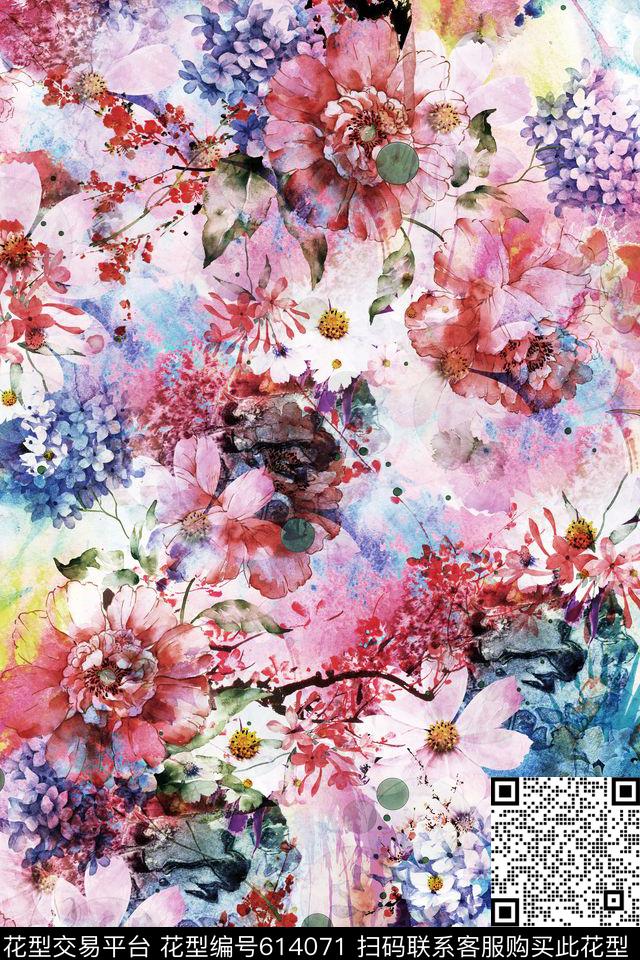 花朵花卉水彩数码印花华亿平台下载（图片编号: 614071） - 瓦栏（Walan）