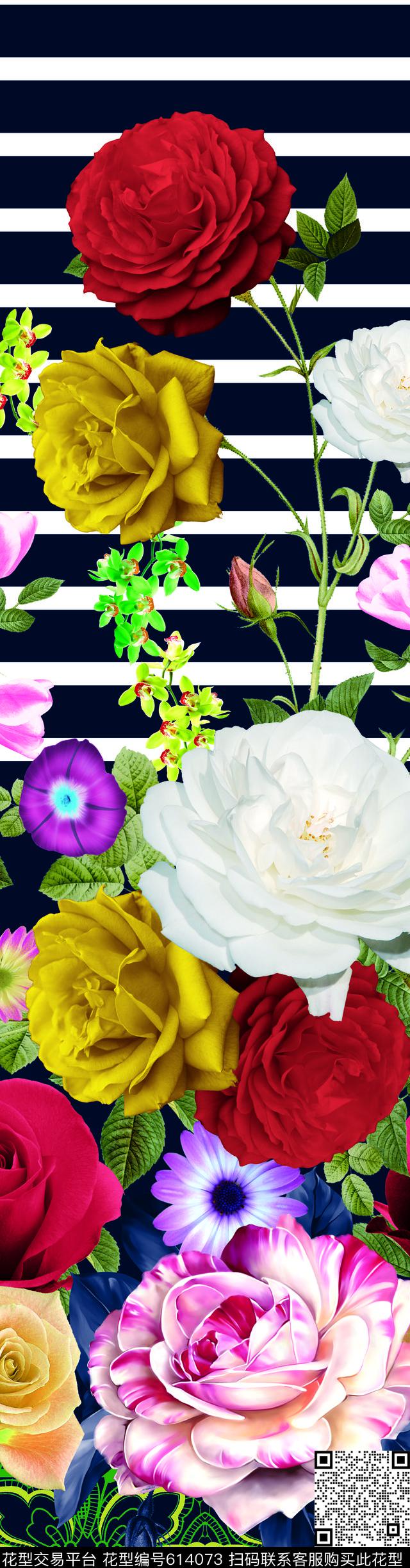 定位花卉条纹数码印花华亿平台下载（图片编号: 614073） - 瓦栏（Walan）