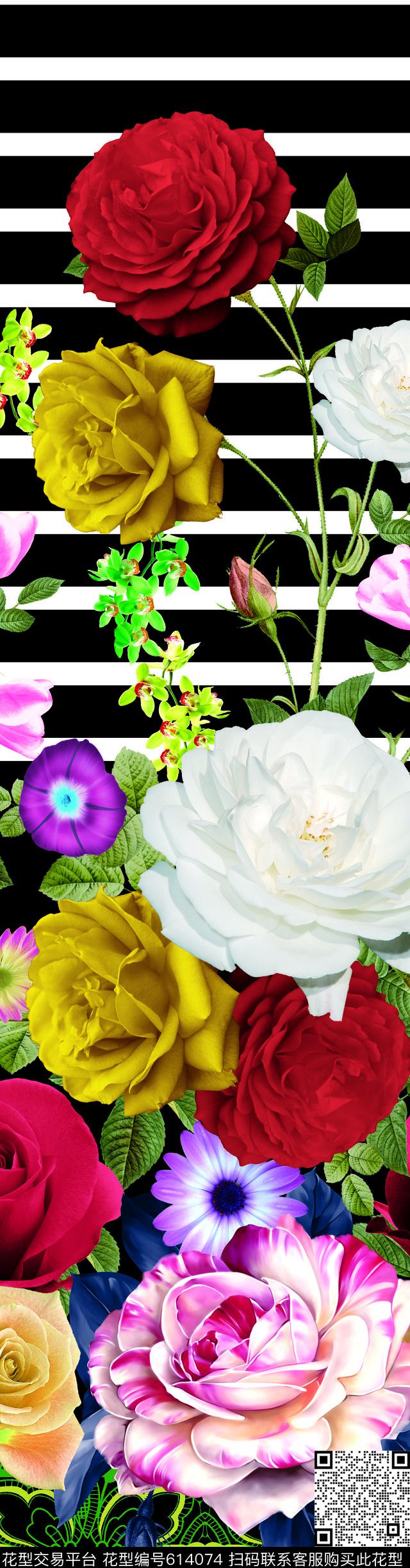定位花卉条纹数码印花华亿平台下载（图片编号: 614074） - 瓦栏（Walan）