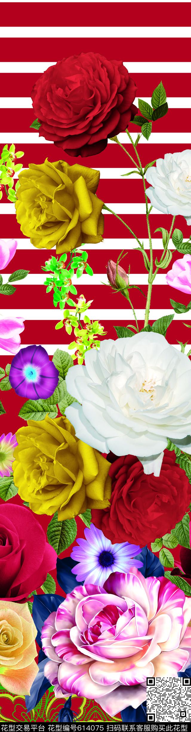 定位花卉条纹数码印花华亿平台下载（图片编号: 614075） - 瓦栏（Walan）