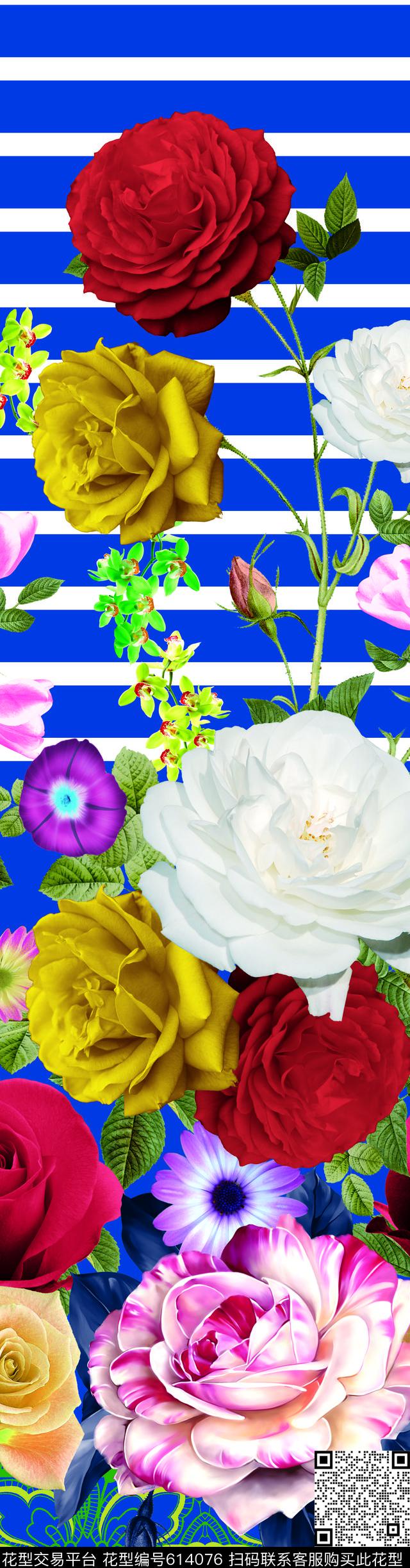 定位花卉条纹数码印花华亿平台下载（图片编号: 614076） - 瓦栏（Walan）