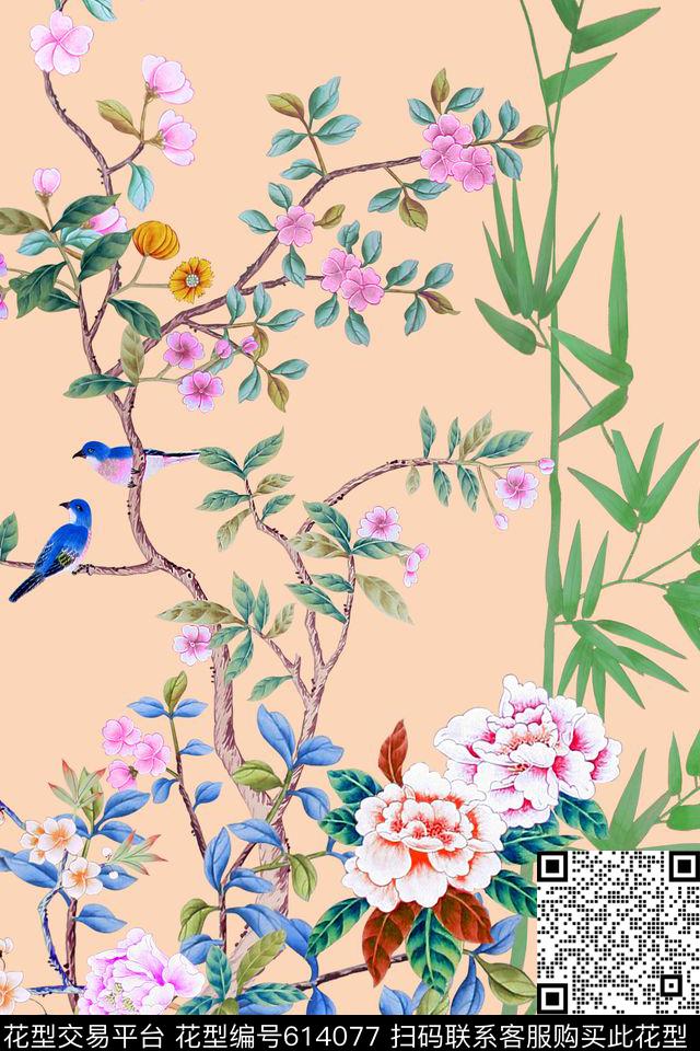 牡丹花卉中国风数码印花华亿平台下载（图片编号: 614077） - 瓦栏（Walan）