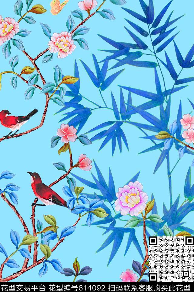 牡丹竹叶中国风数码印花华亿平台下载（图片编号: 614092） - 瓦栏（Walan）