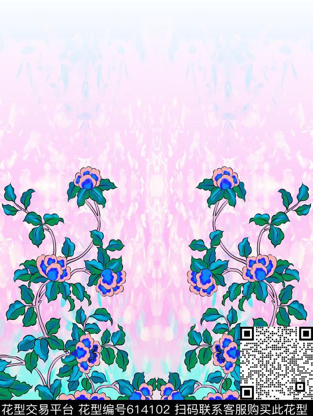 中国风传统花卉女装定位数码印花华亿平台下载（图片编号: 614102） - 瓦栏（Walan）