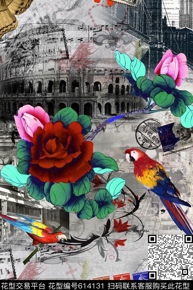 欧式建筑花卉数码印花华亿平台下载（图片编号: 614131） - 瓦栏（Walan）