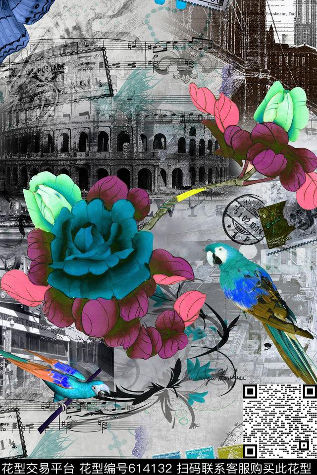 欧式建筑花卉数码印花华亿平台下载（图片编号: 614132） - 瓦栏（Walan）