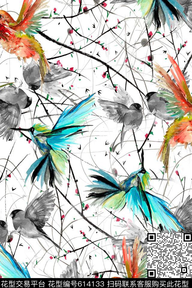面料花鸟抽象水墨数码印花华亿平台下载（图片编号: 614133） - 瓦栏（Walan）