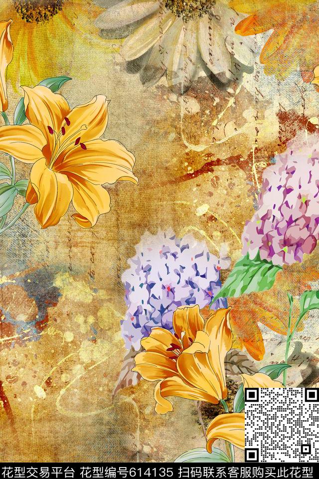 花卉花朵复古数码印花华亿平台下载（图片编号: 614135） - 瓦栏（Walan）