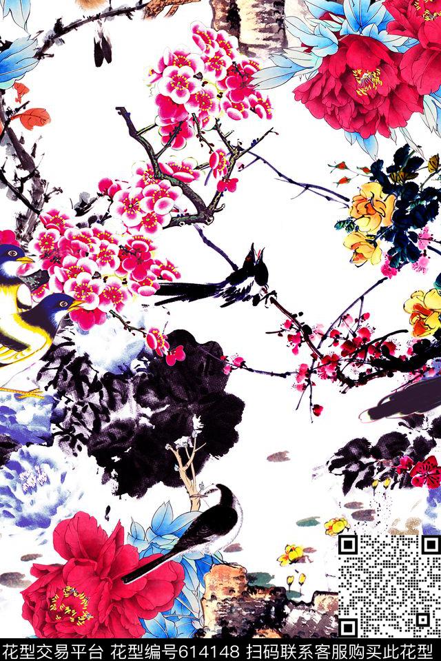 中国风花鸟花卉数码印花华亿平台下载（图片编号: 614148） - 瓦栏（Walan）
