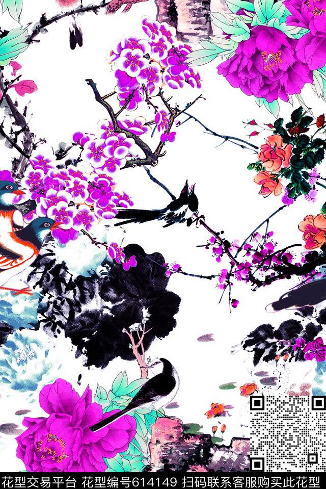 中国风花鸟花卉数码印花华亿平台下载（图片编号: 614149） - 瓦栏（Walan）
