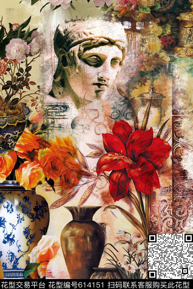 花卉复古油画数码印花华亿平台下载（图片编号: 614151） - 瓦栏（Walan）