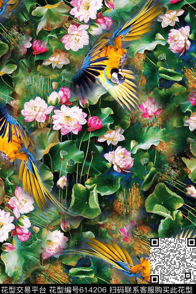 时尚手绘中国风荷花鹦鹉鸟花卉抽象设计数码印花华亿平台下载（图片编号: 614206） - 瓦栏（Walan）
