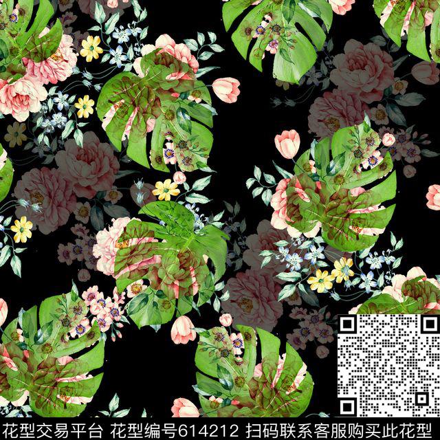 棕榈叶热带芭蕉叶数码印花华亿平台下载（图片编号: 614212） - 瓦栏（Walan）