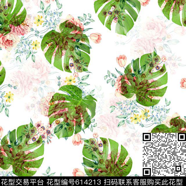 棕榈叶热带芭蕉叶数码印花华亿平台下载（图片编号: 614213） - 瓦栏（Walan）