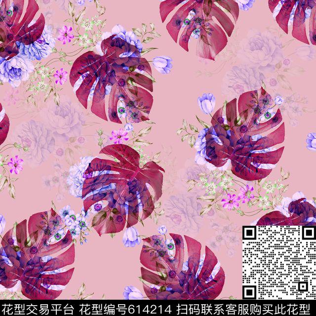 棕榈叶热带芭蕉叶数码印花华亿平台下载（图片编号: 614214） - 瓦栏（Walan）