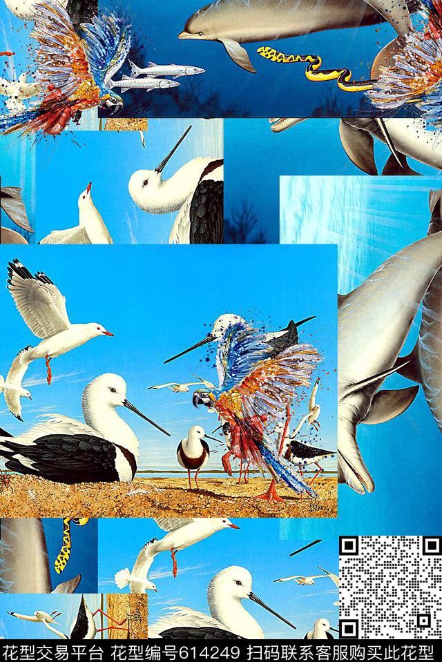 抽象几何外套印花时尚手绘油画海洋动物印花数码印花华亿平台下载（图片编号: 614249） - 瓦栏（Walan）