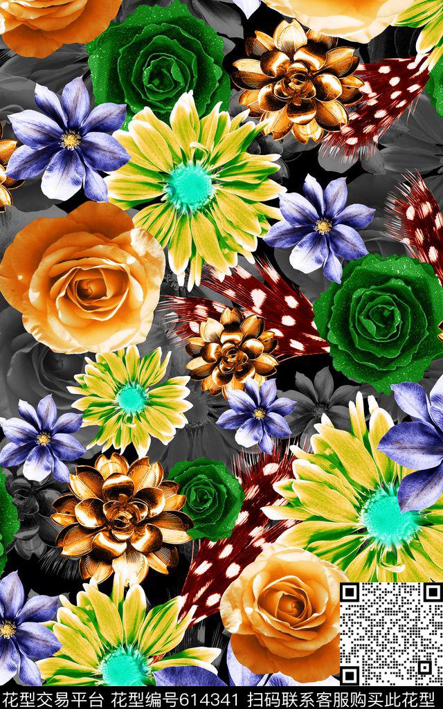花朵玫瑰羽毛珠花数码印花华亿平台下载（图片编号: 614341） - 瓦栏（Walan）