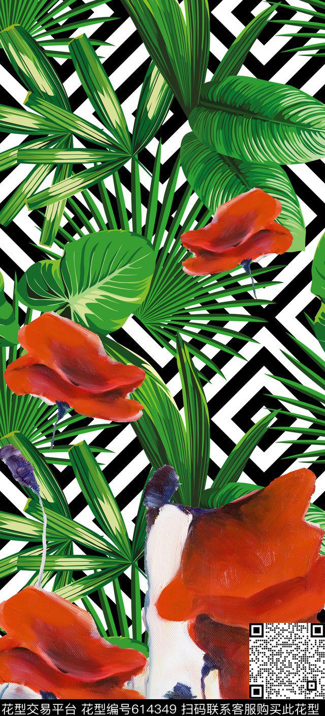 花卉几何油画数码印花华亿平台下载（图片编号: 614349） - 瓦栏（Walan）