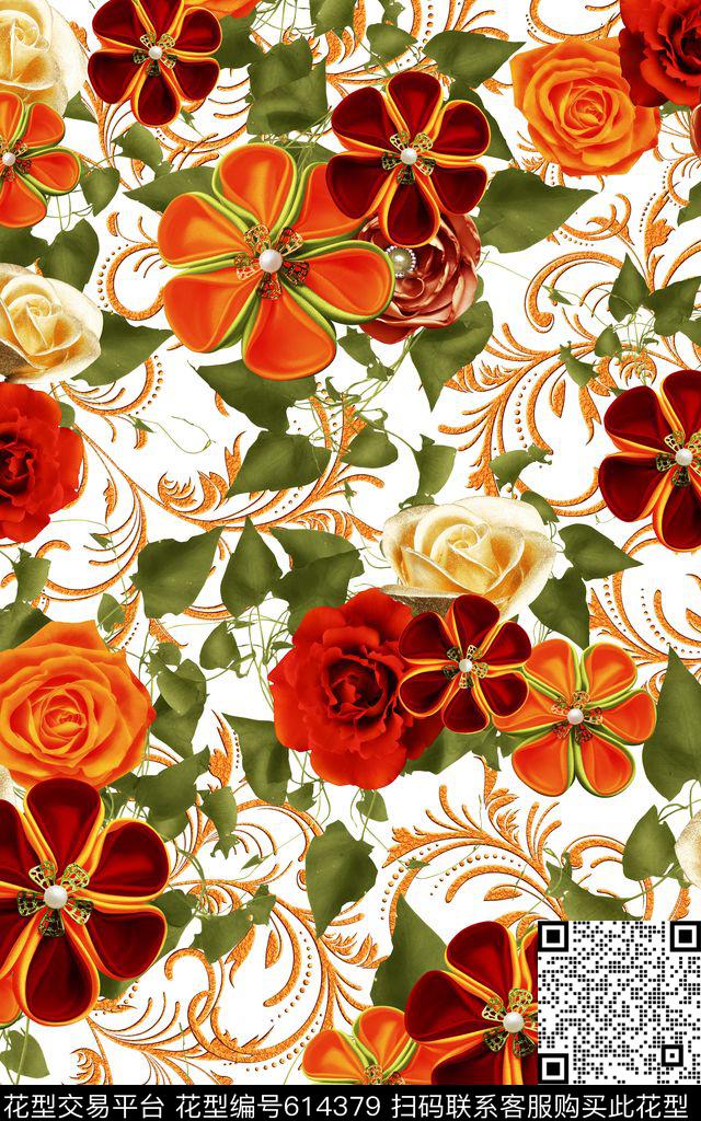 牡丹花朵卷草数码印花华亿平台下载（图片编号: 614379） - 瓦栏（Walan）