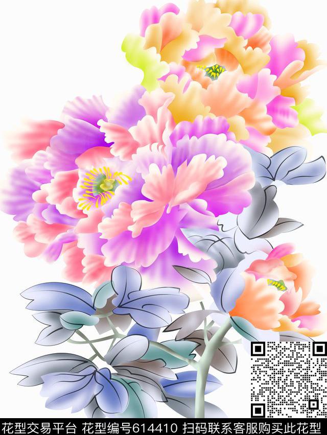 分色牡丹大花数码印花华亿平台下载（图片编号: 614410） - 瓦栏（Walan）