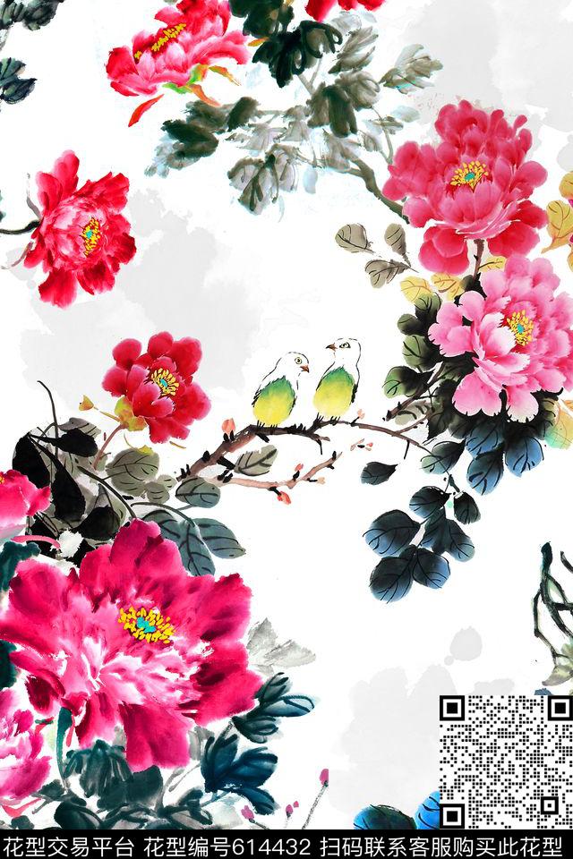 中国风水墨牡丹数码印花华亿平台下载（图片编号: 614432） - 瓦栏（Walan）