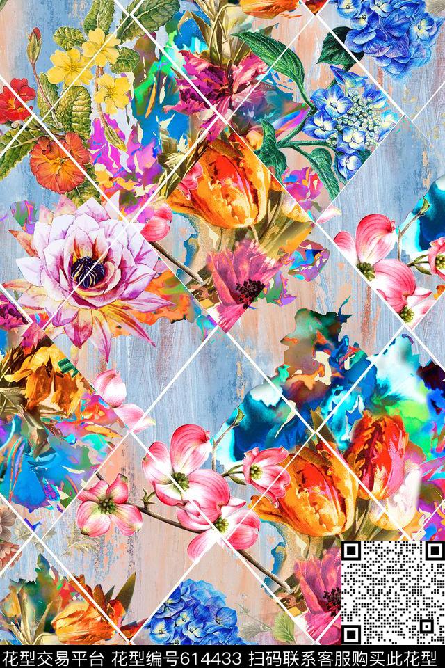 抽象手绘花卉棱形数码印花华亿平台下载（图片编号: 614433） - 瓦栏（Walan）