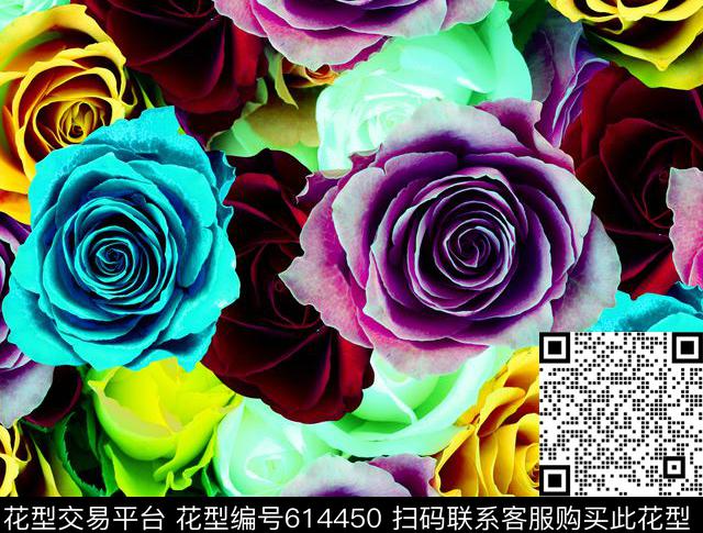 大花玫瑰五颜六色数码印花华亿平台下载（图片编号: 614450） - 瓦栏（Walan）