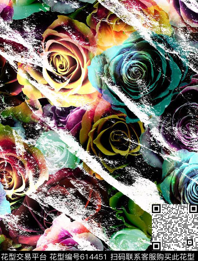 大花玫瑰五颜六色数码印花华亿平台下载（图片编号: 614451） - 瓦栏（Walan）