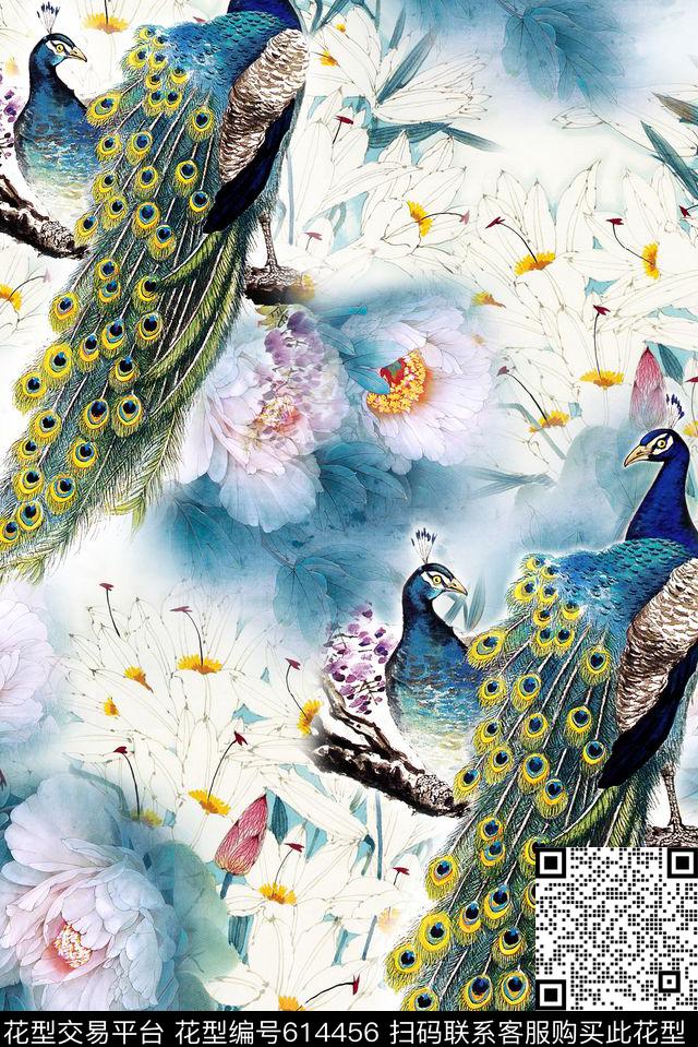 面料花水墨国画牡丹花鸟孔雀牡丹数码印花华亿平台下载（图片编号: 614456） - 瓦栏（Walan）