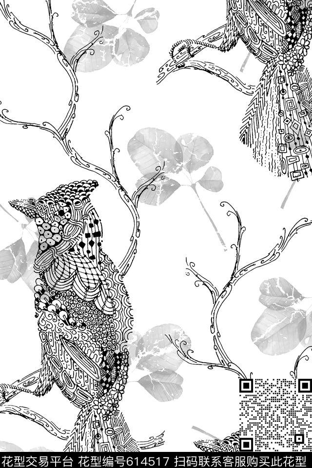 抽象几何清爽梦幻艺术平底立体手绘满版最新高清数码蕾丝民族中国风绣花珠宝肌理时尚潮

流大牌复古欧美风猫头鹰树枝树叶数码印花华亿平台下载（图片编号: 614517） - 瓦栏（Walan）