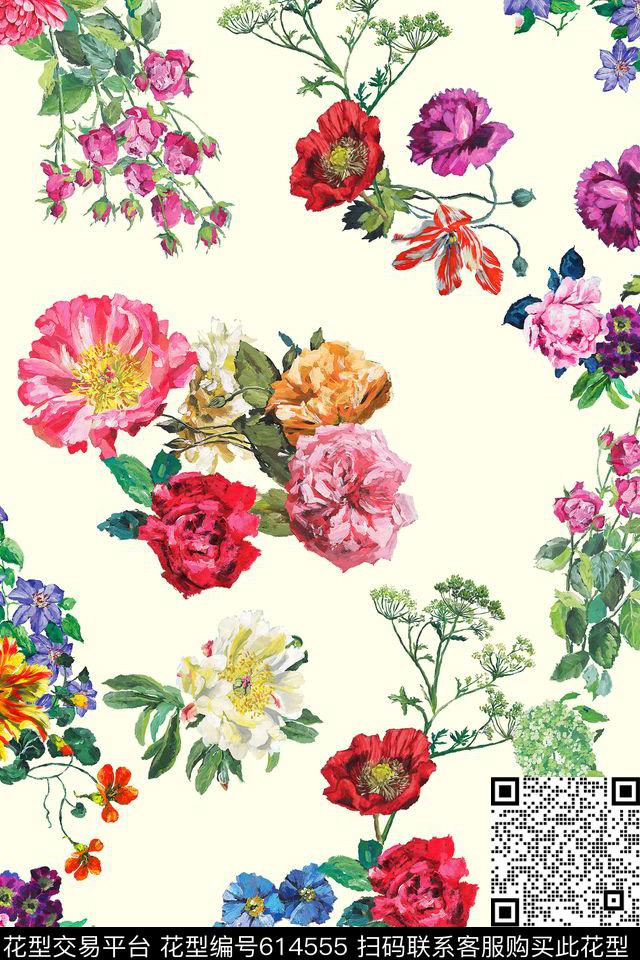 浅底花卉油画手绘花数码印花华亿平台下载（图片编号: 614555） - 瓦栏（Walan）