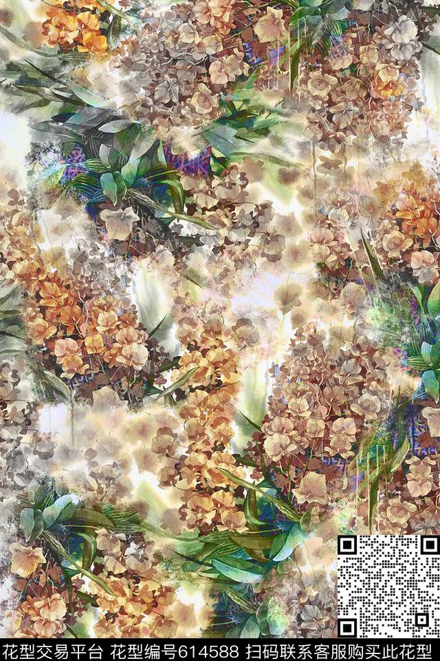 水墨花卉花卉数码印花华亿平台下载（图片编号: 614588） - 瓦栏（Walan）
