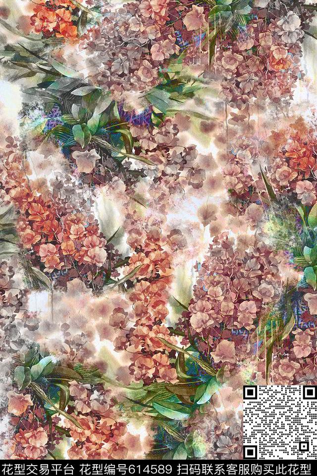 水墨花卉花卉数码印花华亿平台下载（图片编号: 614589） - 瓦栏（Walan）