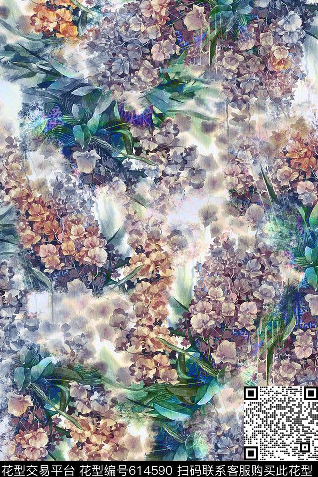 水墨花卉花卉数码印花华亿平台下载（图片编号: 614590） - 瓦栏（Walan）