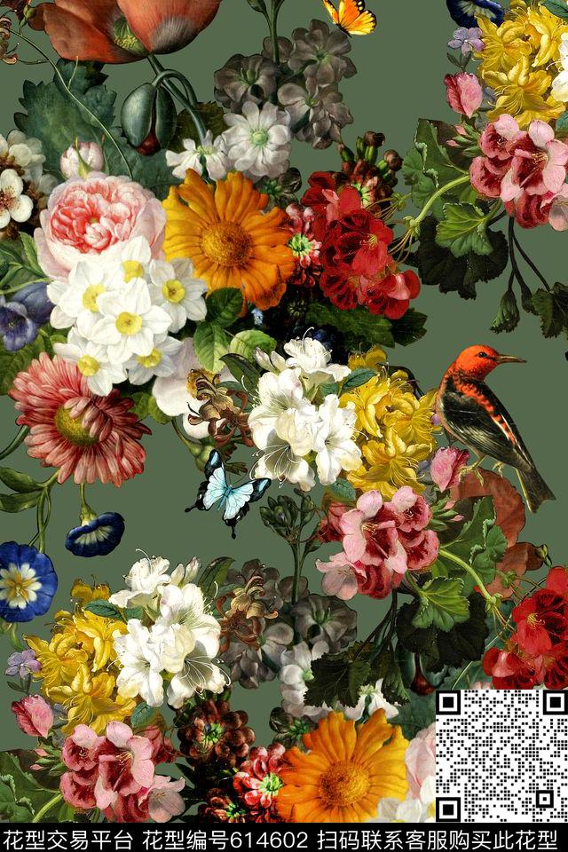 时尚手绘花卉数码印花华亿平台下载（图片编号: 614602） - 瓦栏（Walan）