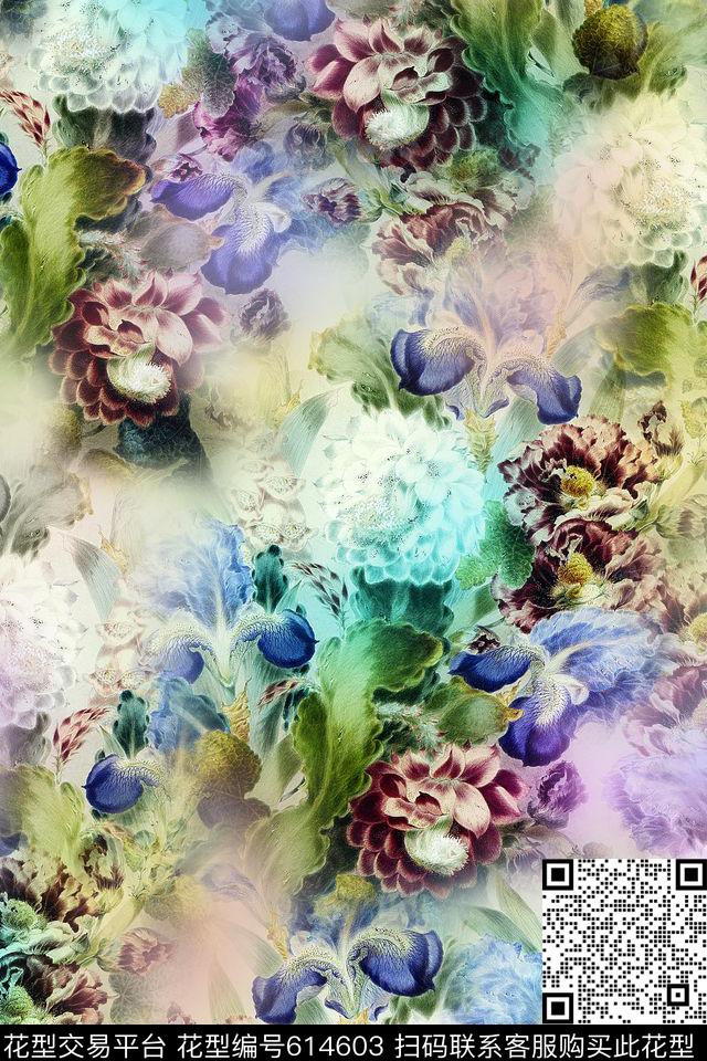 抽象炫彩花卉数码印花华亿平台下载（图片编号: 614603） - 瓦栏（Walan）