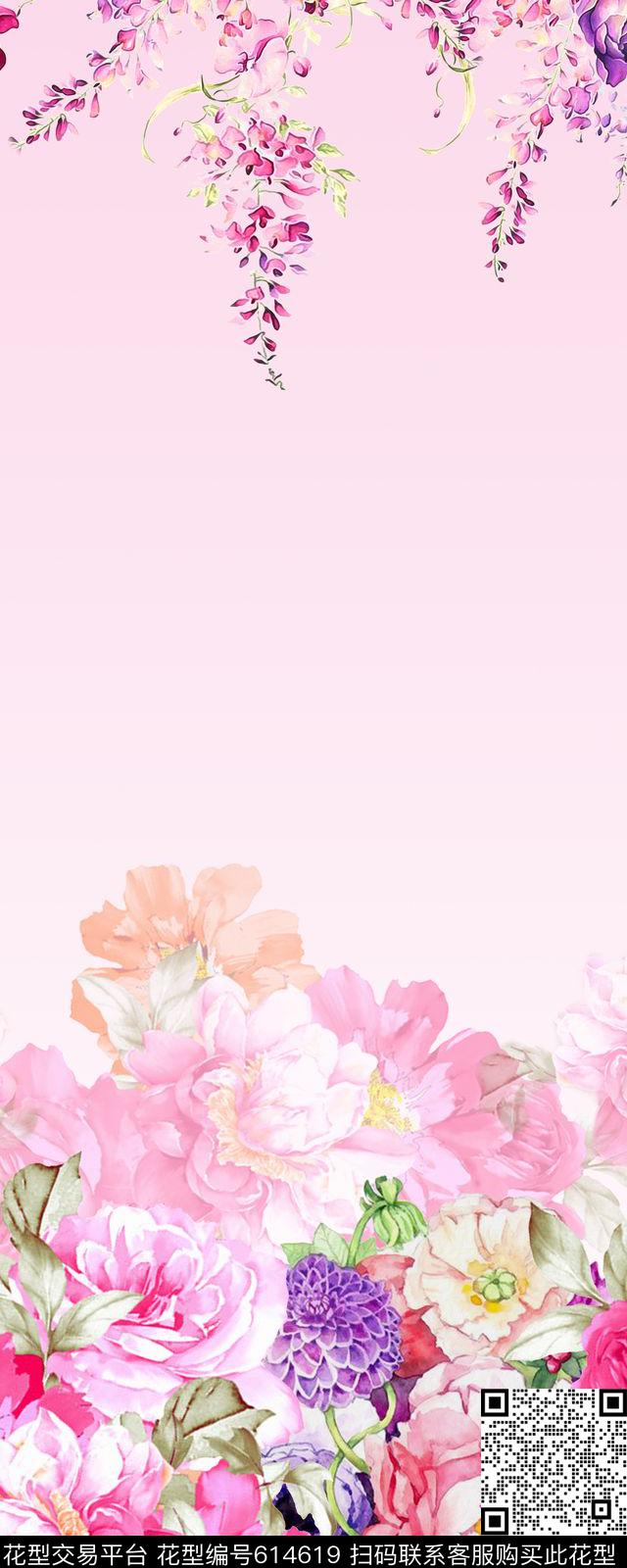 水彩定位花卉数码印花华亿平台下载（图片编号: 614619） - 瓦栏（Walan）