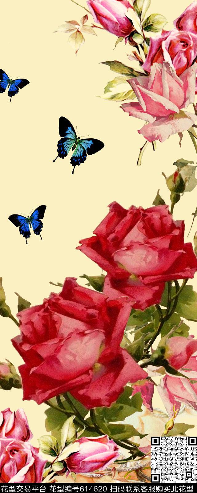 水彩花卉玫瑰数码印花华亿平台下载（图片编号: 614620） - 瓦栏（Walan）