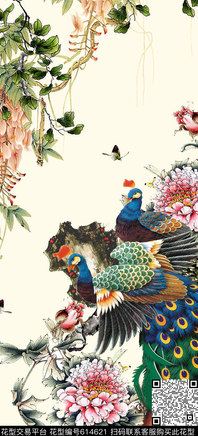 定位中国风孔雀数码印花华亿平台下载（图片编号: 614621） - 瓦栏（Walan）
