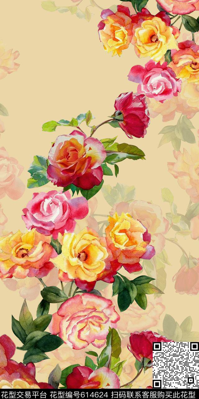水彩花卉定位数码印花华亿平台下载（图片编号: 614624） - 瓦栏（Walan）